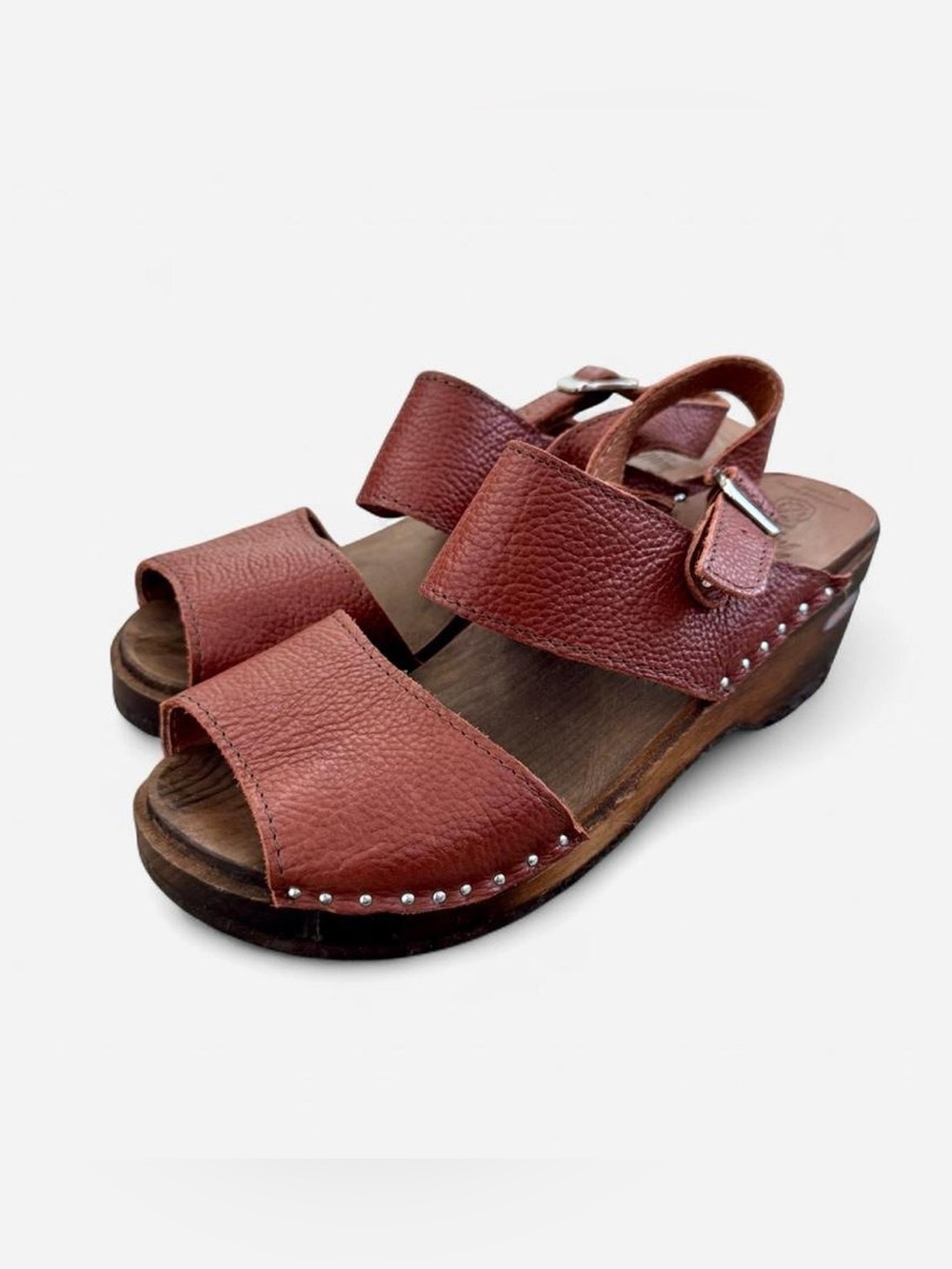 Troentorp Ingrid Swedish Brown leather platform sandal clogs with studs